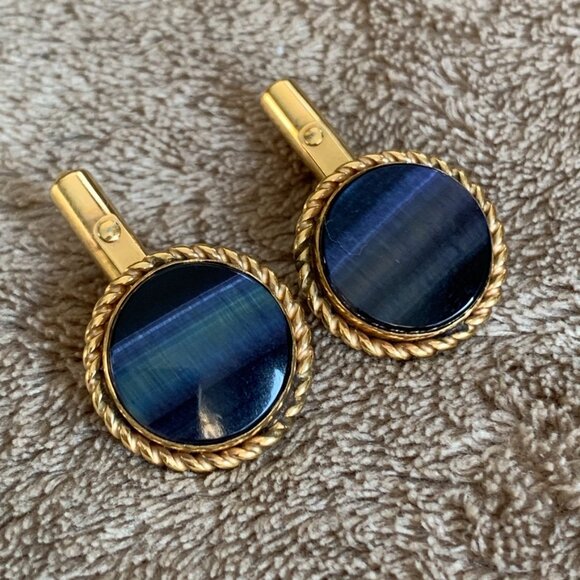 Christian Dior Vintage Men's Cufflinks Lapis Lazuli 12K Gold Filled Round Signed - Picture 1 of 7